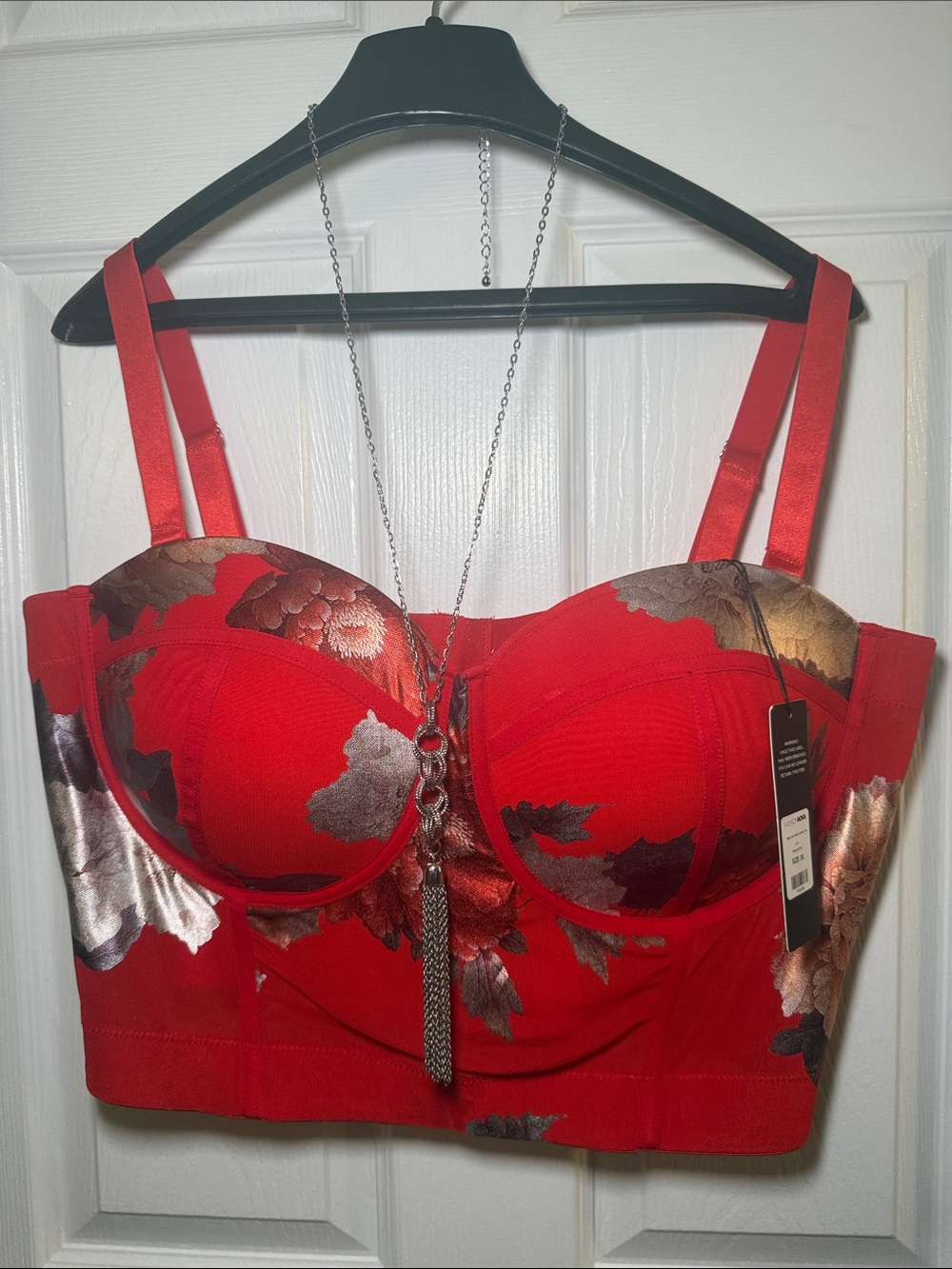 Fashion Nova Mesh-So-Well Corset Top 3X Red Metallic Floral Bustier NWT